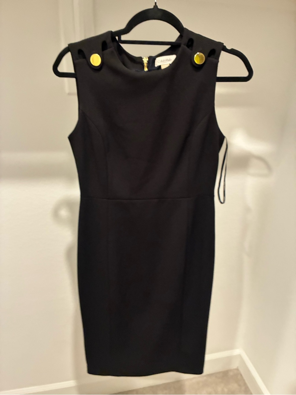 Calvin Klein Black Midi Sheath Dress with Gold Buttons